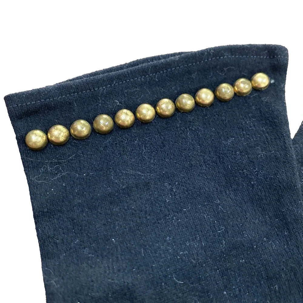 Vintage Black Fabric Driving Gloves Brass Studs Wrist Length Cotton Mid Century